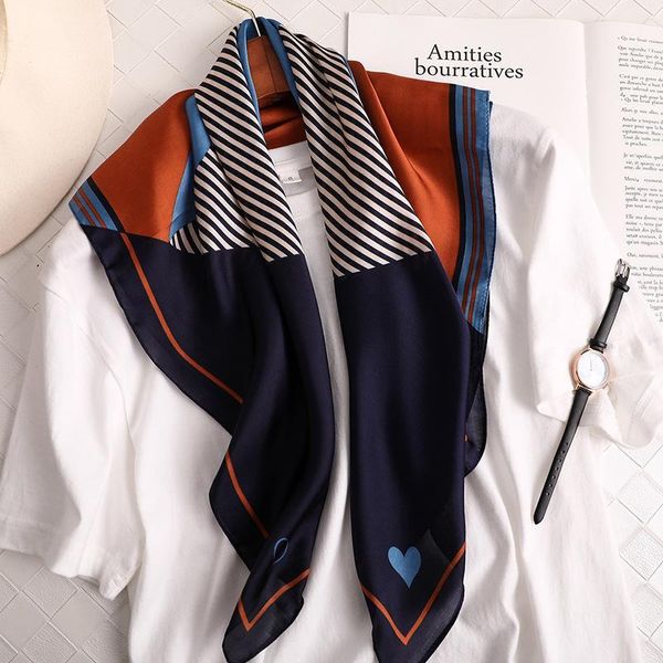 

scarves small kerchief silk satin head scarf for women striped print neck scarfs 70cm*70cm square shawls and ladies dropship1, Blue;gray