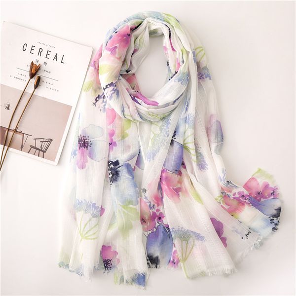 

retro ethnic style literary cotton and linen blooming flower scarf shawl dual-use travel warm scarf, Blue;gray