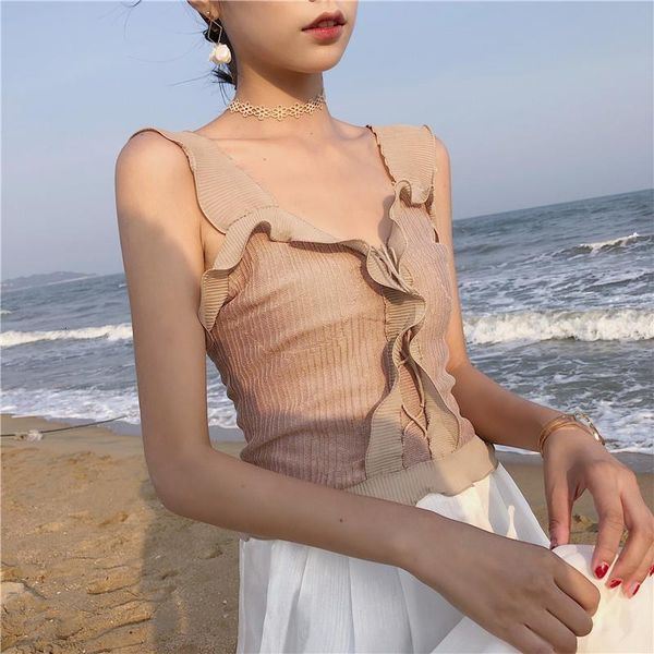 

summer female knitted short camis patchwork chiffon ruffles girls sleeveless t shirt camisoles tanks crop for women, White