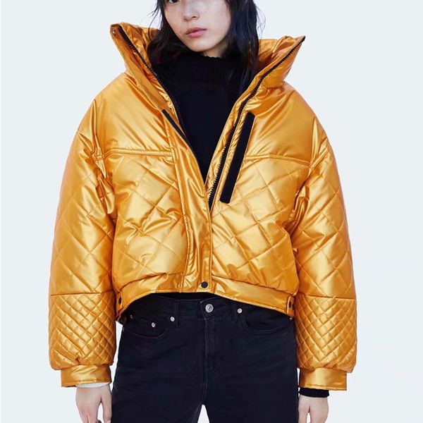

2021 new winter women jacket thick warm short parkas glossy solid down cotton parka female stand collar shiny cold outwear q0fu, Black