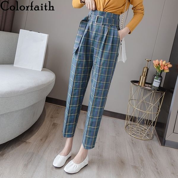 

colorfaith autumn winter women pants high waist sashes pockets plaid wide leg lady checkered ankle-length trousers p7211 201228, Black;white