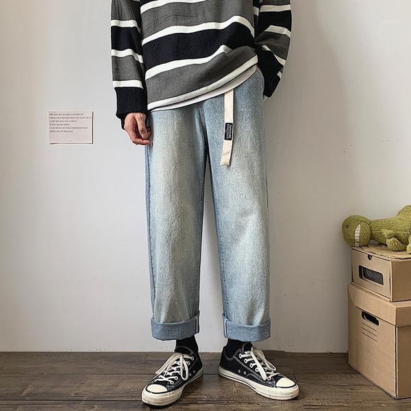 

ins spring wind restoring ancient ways easy wash jeans male popular logo falling straight torre wide-legged pants1, Blue