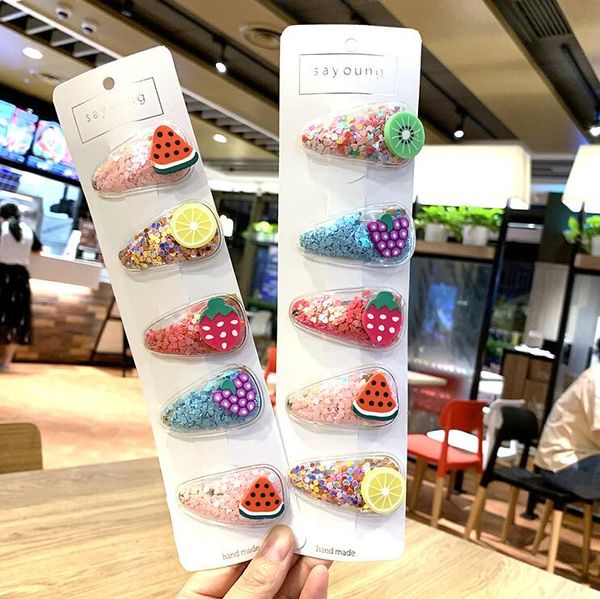 

5 pieces/set color quicksand clear transparent kids fruit hairpin pvc side clip baby bb clip bobby pin barrette hair accessories cz120503, Slivery;white