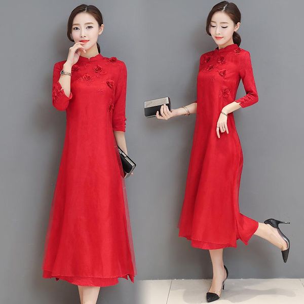 

spring autumn new women chinese style stand collar improved cheongsam three-dimensional embroidery seven point sleeve silk dress, Black;gray