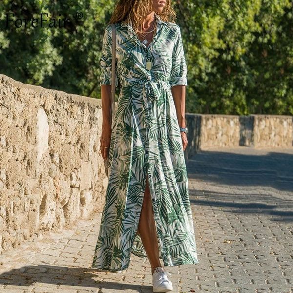 Forefair Beach Dress Boho Floral Impresso Cintura de Verão Férias Chiffon Manga Longa Plus Size Slim Maxi Casual Dress Mulheres T200416