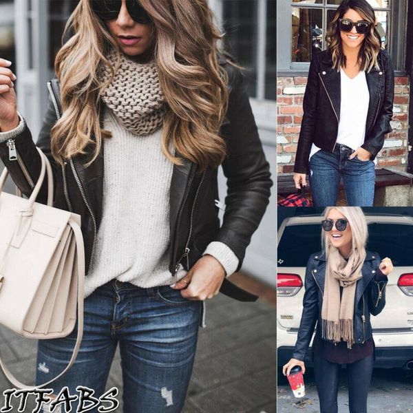 

women's long sleeve stand collar leather jacket loose solid color zipper fashion cool leather jacket, Black;brown