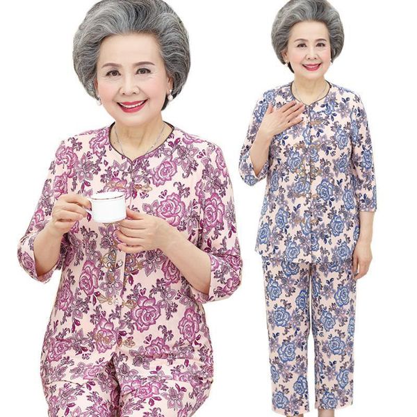

middle-aged and elderly women's sets spring summer new printing t-shirt & pants 2 pcs sets suit home service granny clothing, Gray