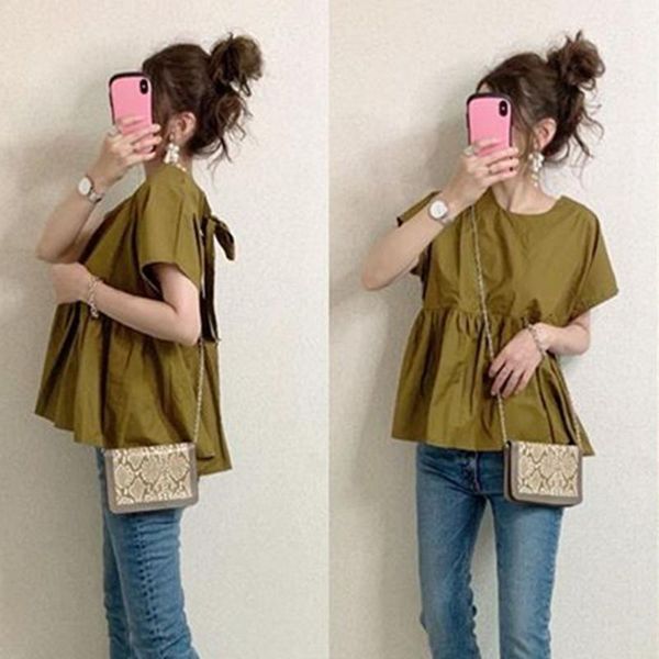 

women's blouses & shirts japan bowknot lace-up ladies blouse fashionable ruffled short-sleeved shirt simple versatile female waist casu, White