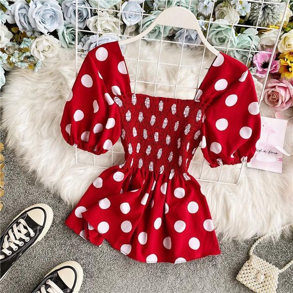 

red polka dot blouse square neck vintage shirt peplum summer blouses short sleeve shirt women blusas mujer de moda 2020, White