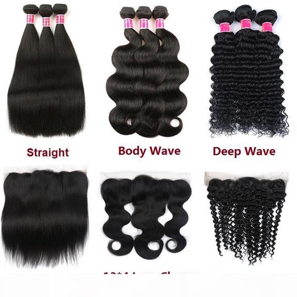 

human hair bundles with closures 13*4 lace 100% brazilian virgin hair weaves double weft hair extensions straight body wave deep wave curly, Black