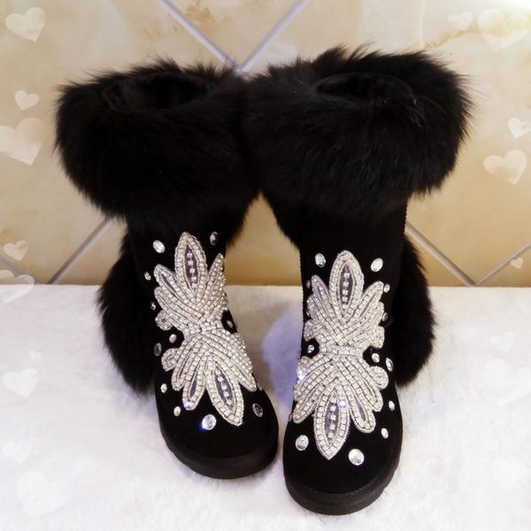 

australian snow boots female winter 2020 new luxury rhinestone full real fur cowhide snow boots cotton high, Black
