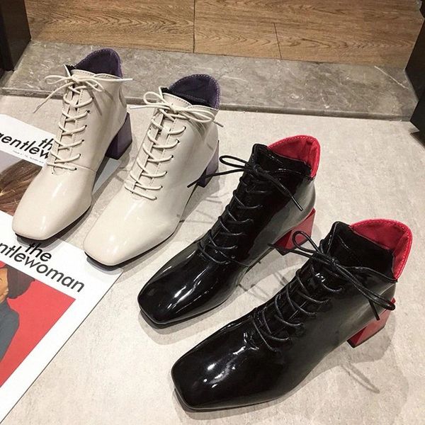 

women boots leather fetish stripper short ankle boots female booties lady woman low 5cm high heels chunky patchwork shoes #bw05, Black