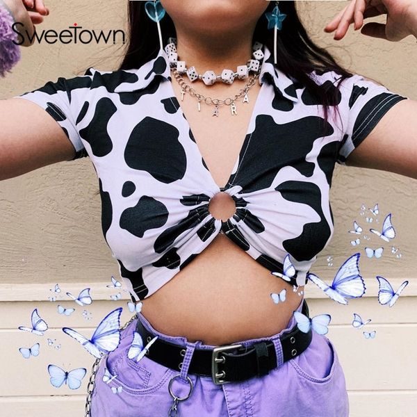 

sweetown animal print kawaii cropped feminino tshirt women korean style v-neck cow t-shirts short sleeve hollow summer y200412, White