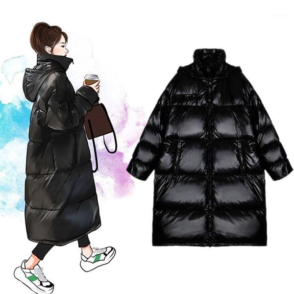 

winter down padded jacket women korean loose jackets 2021 new winter coats mid-length warm parkas jacket b5731, Black