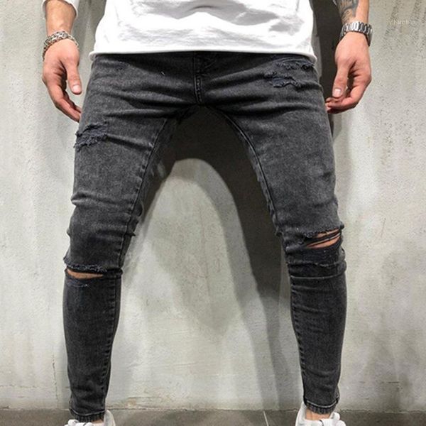 

casual men ripped skinny jeans stretch destroyed frayed slim fit denim pant with hole pencil pants trouser men jeans clothing1, Blue