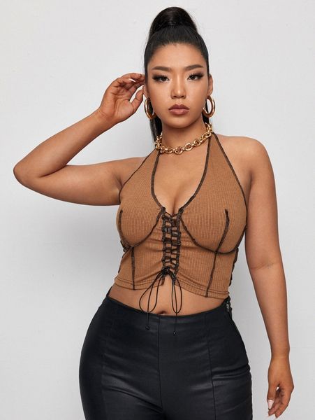 

plus lace up front contrast stitch halter e80a#, Black