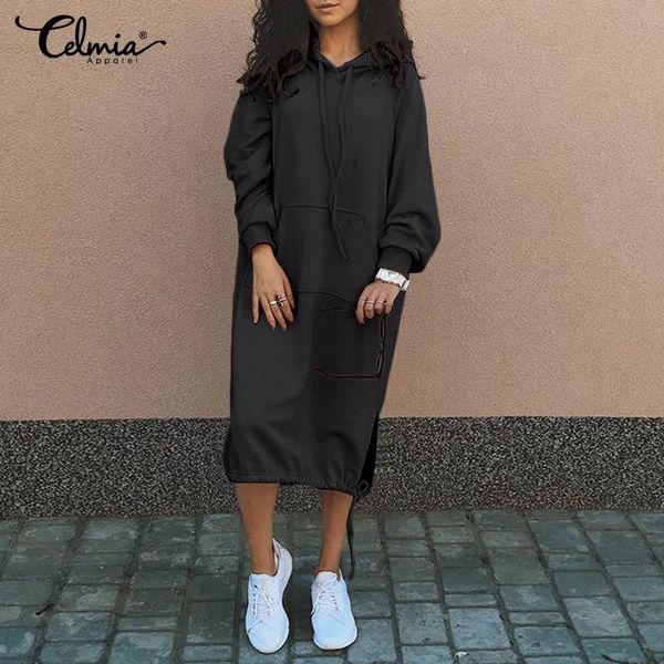 

5xl celmia winter hoodies sweatshirt dress women 2020 fashion robe long sleeve fleece dresses solid drawstring hooded vestidos 7, Black;gray