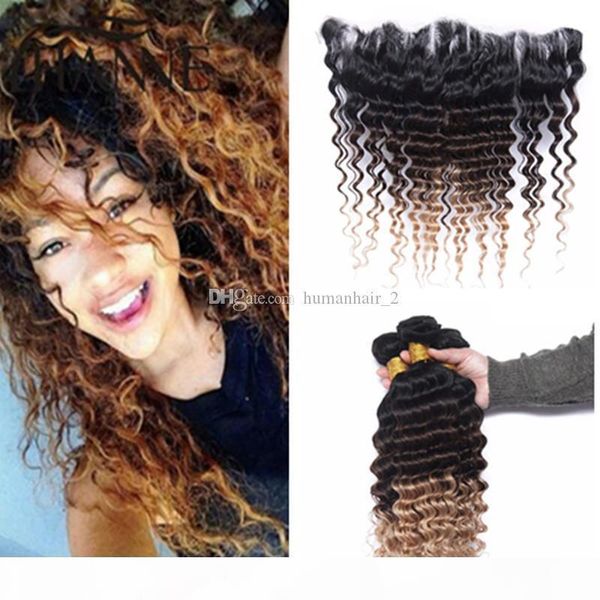 

deep wave honey blonde ombre hair with lace frontal closure deep curly 1b 4 27 brown blonde lace frotal with bundles, Black;brown