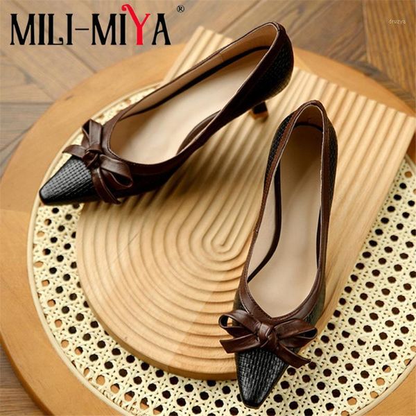 

mili-miya fashion women full genuine leather pumps butterfly knot pointed toe low square heels office career shoes for ladies1, Black