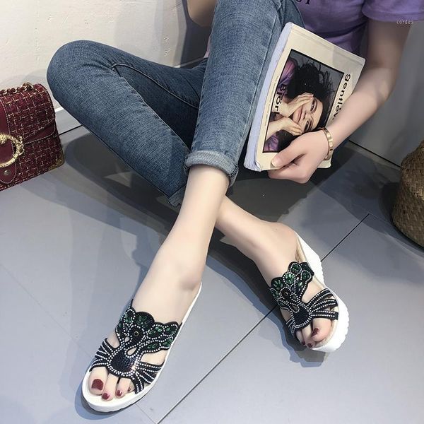 

slippers summer wedges flat women's open toe beach sequin floral outdoor bohemia casual hollow patent leather slipper1, Black