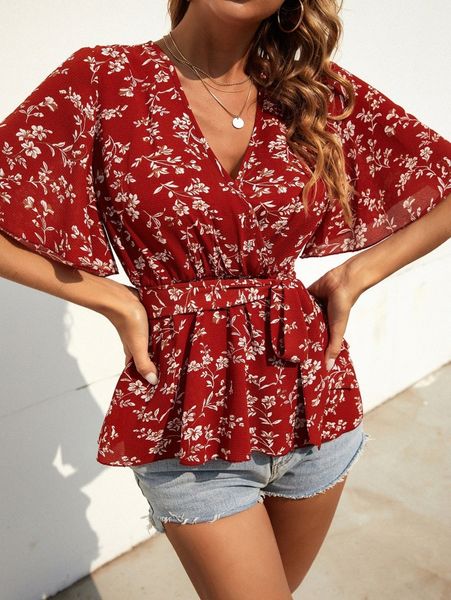 

floral print butterfly sleeve belted blouse l1ia#, White