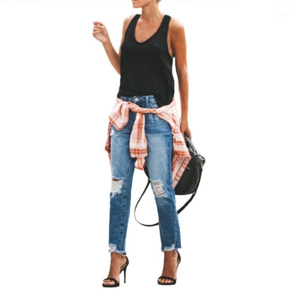 

2020 spring fashion bleached ripped jeans women cotton denim slim elasticity skinny pants moustache effect vintage jeans femme1, Blue