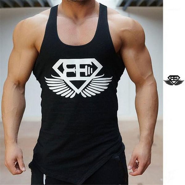 

men' tank wholesale- summer men printed inclined fork bodybuilding tshirt and fitness mens sleeveless shirt vests cotton 1, White;black