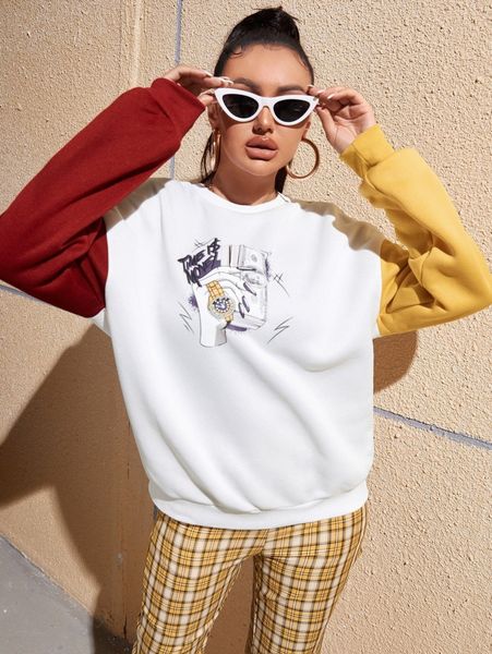 

color block slogan & hand print drop shoulder pullover k6am#, White;black