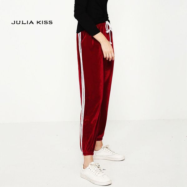 

fashion women velvet track pants classic two stripe sweatpants side stripe runner pants cuffed track pants, Black