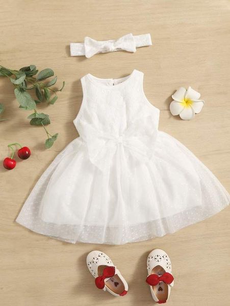 

baby contrast lace bow front mesh hem dress & headband she, Red;yellow