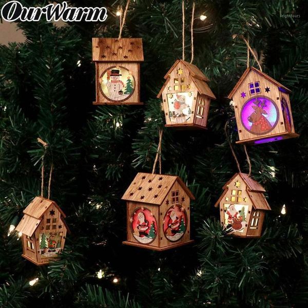 

ourwarm diy wooden house christmas tree decoration led light hanging ornaments wooden house new year gift for kids1