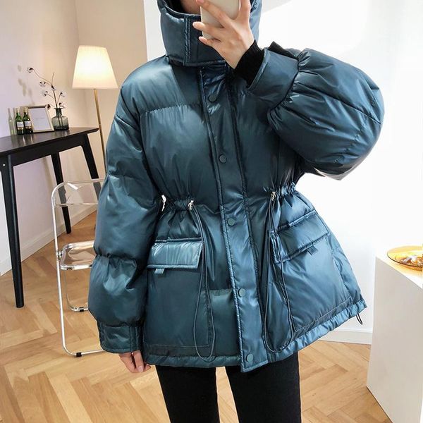 

women's down & parkas 2021 women winter coat long sleeve windproof warm lace-up slim waist blue hooded casaco feminino, Black
