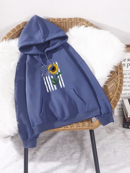 

plus american flag & sunflower print drawstring hoodie o9sm#, Black
