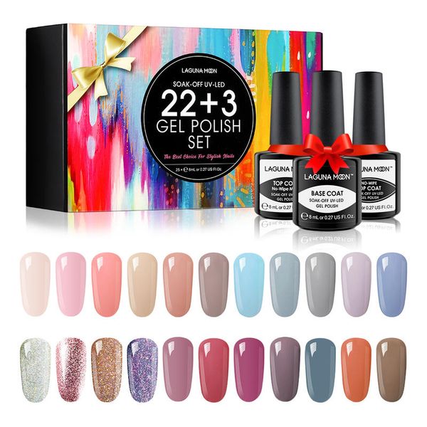

lagunamoon 25pcs/set pure colors neon gel nail polish uv led lamp soak off no wipe coat base coat gel manicure kits 8ml