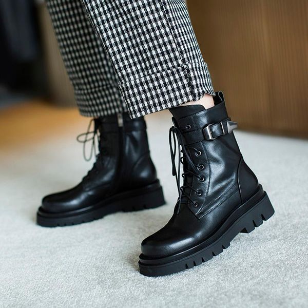 

mordoan genuine cowhide boots women's thick bottom 2021 autumn british style round toe zipper ankle boots women, Black