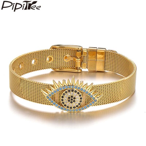 

charm bracelets pipitree fashion bule cz zircon evil eye bracelet stainless steel & bangles for women mesh buckle wrist jewelry, Golden;silver