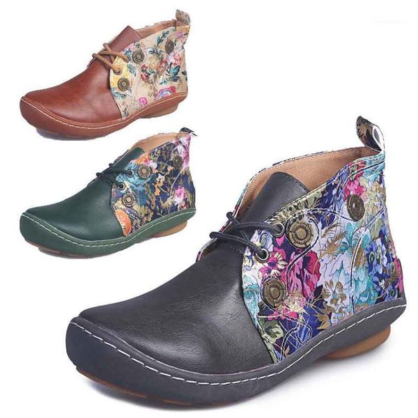 

women lace-up short boots ladies flower print patchwork ankle boots female round heel flat shoes woman 2021 spring retro shoes1, Black