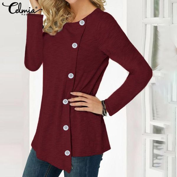 

celmia fashion casual loose shirts women blouses 2020 autumn long sleeve o-neck buttons asymmetrical blusas femininas s-5xl, White