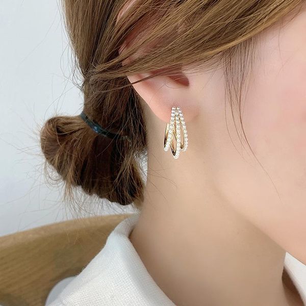 

hoop & huggie timronly multi layering imitation pearl earring c shape metal elegant earrings for women girls statement charm accessories, Golden;silver