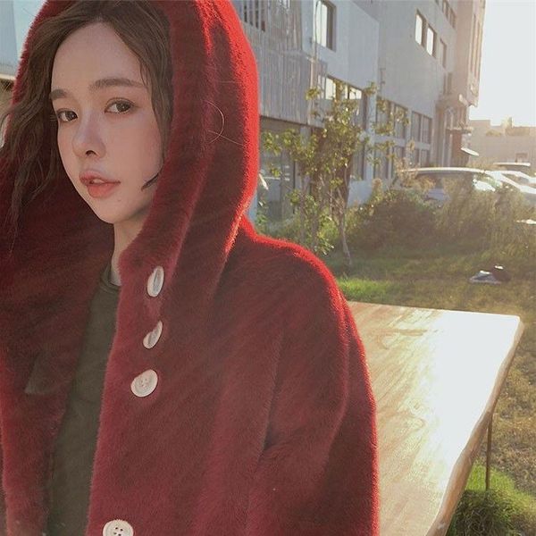 

2021 women winter korean solid hooded faux fur coat ladies fake jackets female loose plus size long overcoat m20, Black