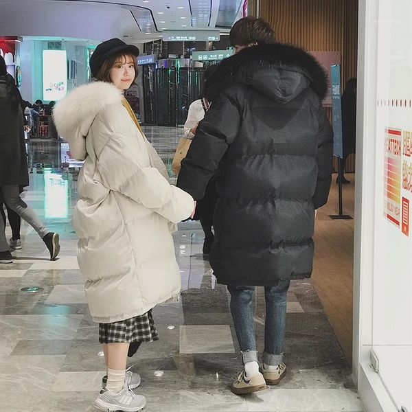

2019 winter new trend large size thick long loose couple big fur collar wild sports students street casual cotton clothing1, Black