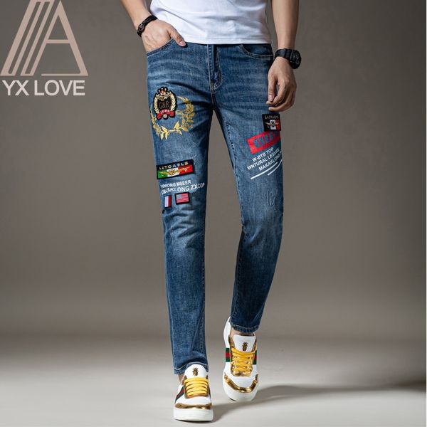 

embroidery blue men jeans fantastic patterns quality brand slim elastic comfortable hiphop pants multiple styles trousers 201120