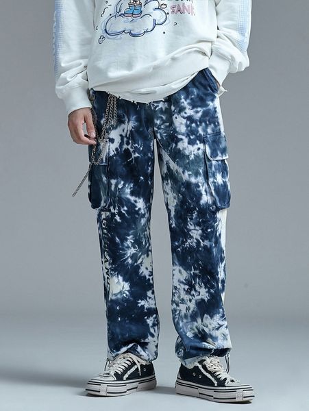 

men tie dye drawstring waist cargo pants n9sw#, Black