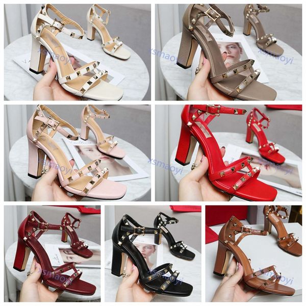 

high heel sandals women stiletto heel shoe black slip-on female weding party sandals rivet with cutout vamp sandal, Black;red