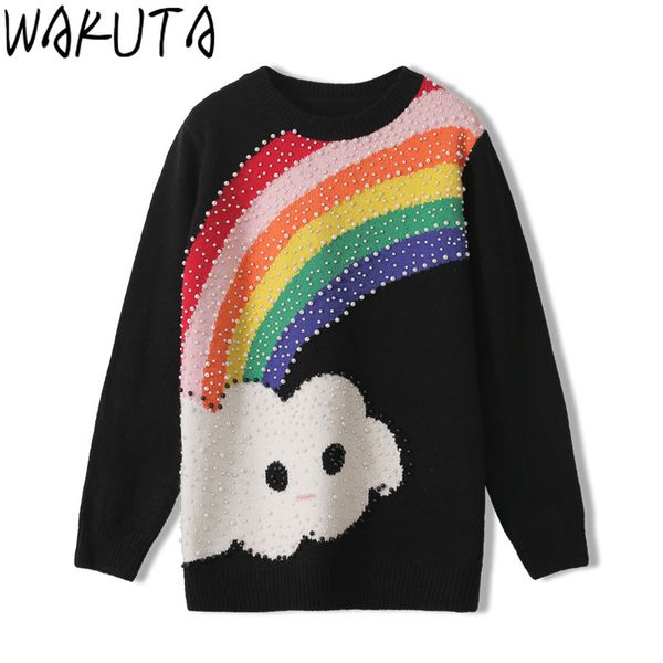 

wakuta 2021 spring rainbow sweater women cute cartoon round neck jumper pullovers female loose sweet wind knitted vintage h1211, White;black