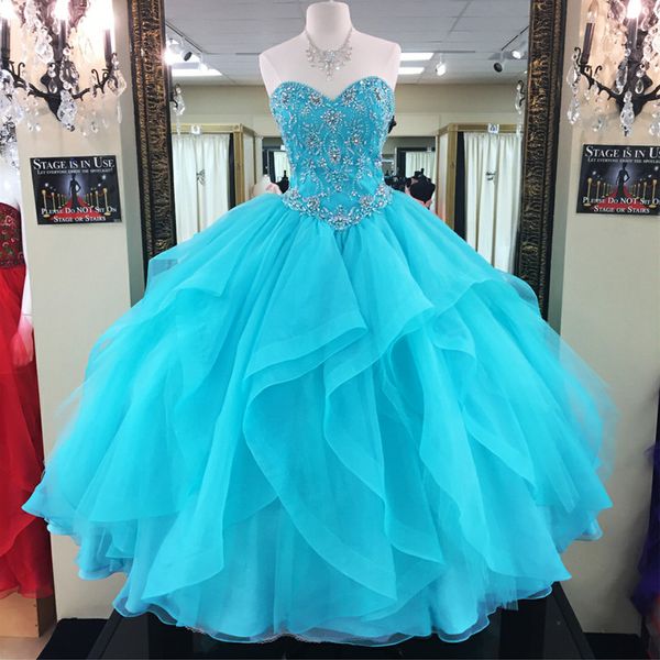 Turquesa Quinceanera Vestidos Ball Vestido Organza Melhor Apliques Doce 16 Plus Size Formal Noite Prom Vestice Party QC1548