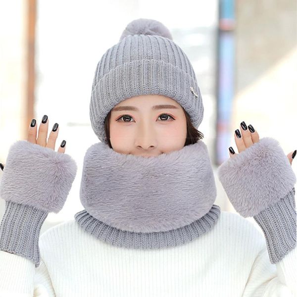 

lovely women beanies hats knitted beanie caps scarf set with ski gloves keep warm winter thermal outdoors activities, Black