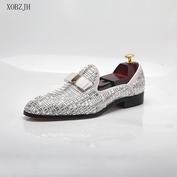 

2020 men evening formal dress rhinestone shoes loafers casual prom wedding party leather slip on shoes men silver plus size 13, Black