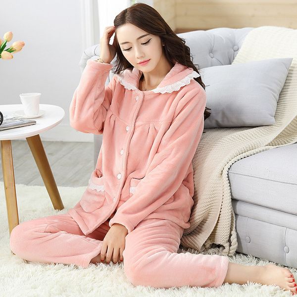 

2021 new women's winter flannel pajamas solid style thick sleepwear female down collar single breasted nightwear d34p, Black;red