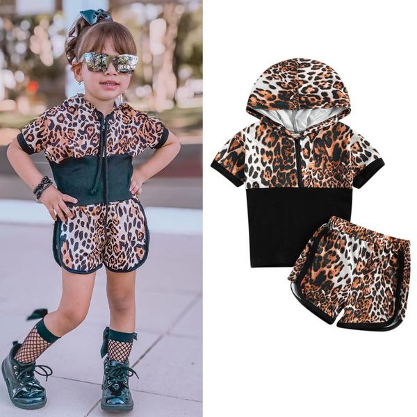 

2021 summer fashion kids girls clothes sets leopard print patchwork long sleeve hooded shorts 2pcs, White
